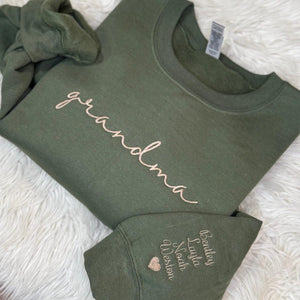 Custom Grandma Embroidered Sweatshirt, Personalized Grandma Embroidered Hoodie, Grandkids names on sleeve