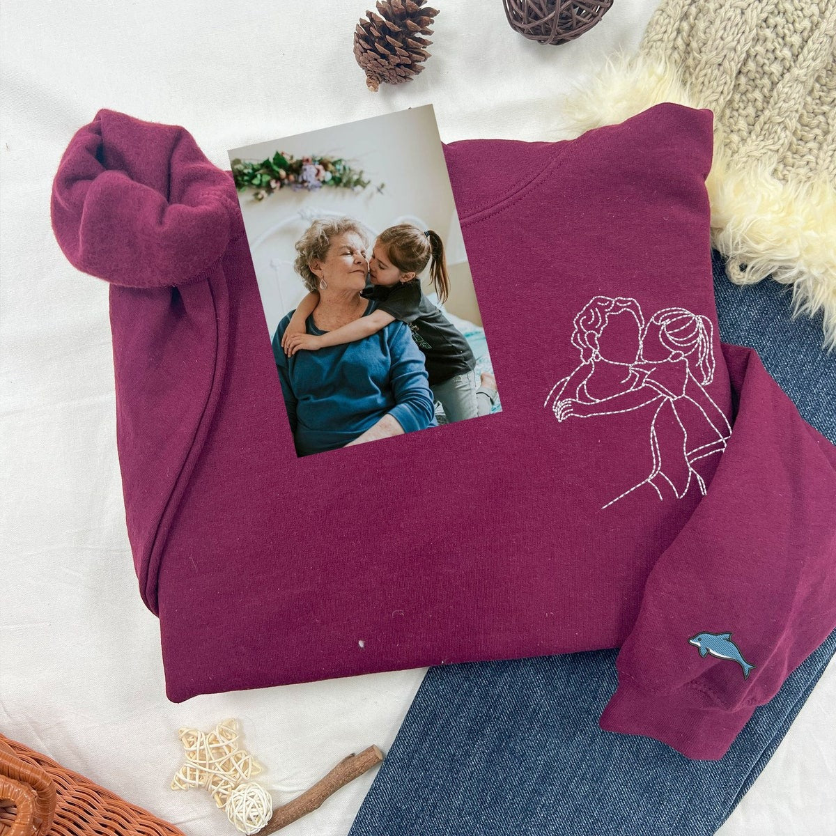 Custom Grandma Portrait Embroidered Sweatshirt, Grandpa Hoodie, Personalized Christmas Gift For Grandma Grandpa