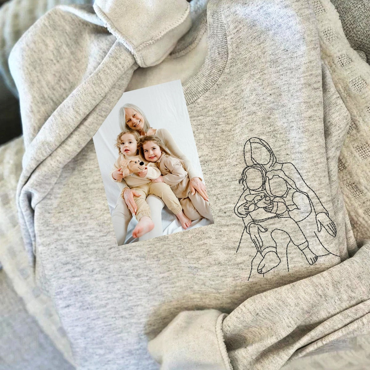 Custom Grandma Portrait Embroidered Sweatshirt, Grandpa Hoodie, Personalized Christmas Gift For Grandma Grandpa
