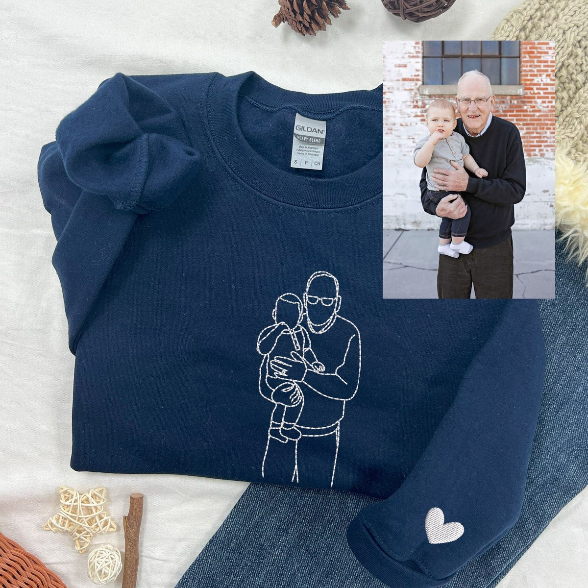 Custom Grandma Portrait Embroidered Sweatshirt, Grandpa Hoodie, Personalized Christmas Gift For Grandma Grandpa