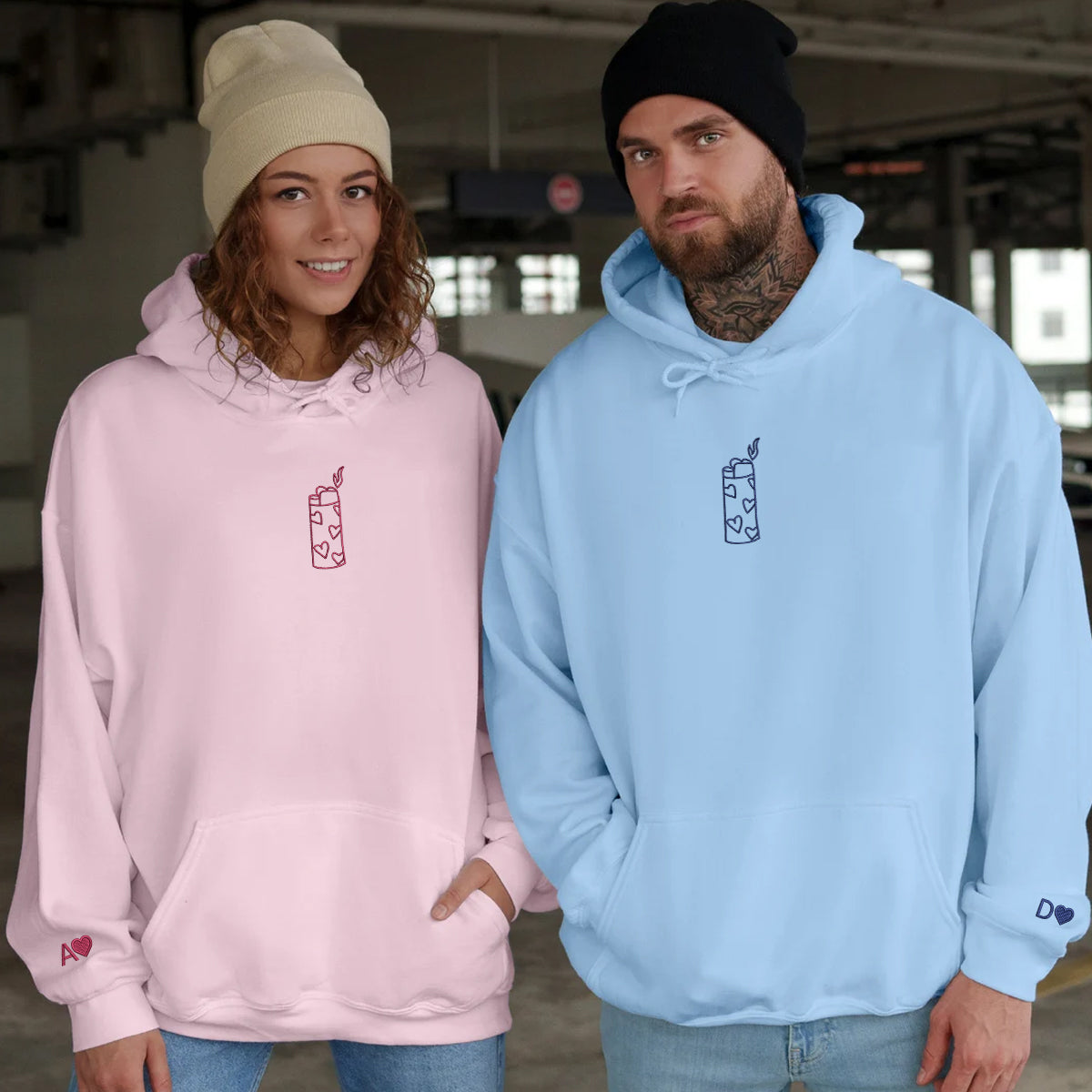Custom Heart Lighter Embroidered Matching Set Couple Sweatshirt Hoodies