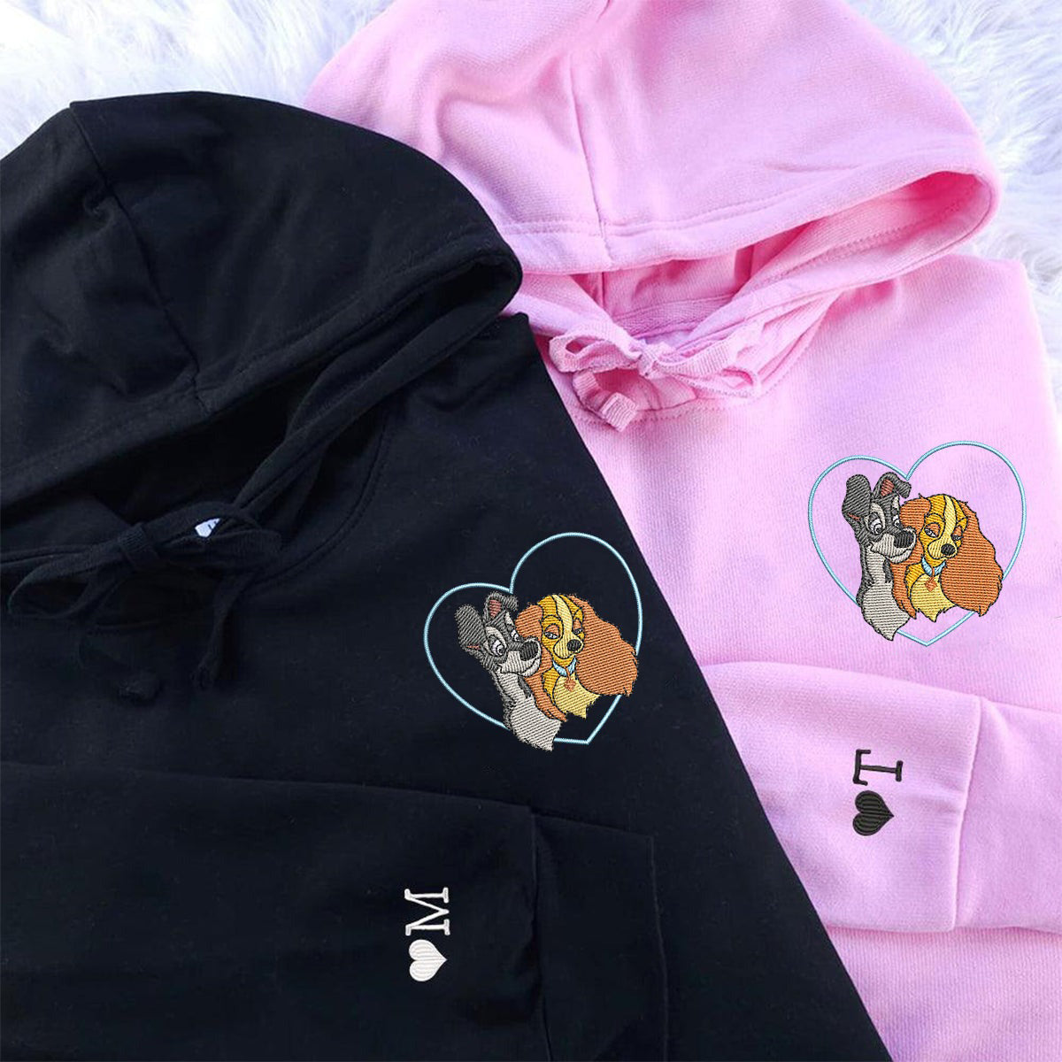 Custom Matching Couple Hoodies, Sweet Cartoon Dog Duo Embroidery, Anniversary Gift Outfit