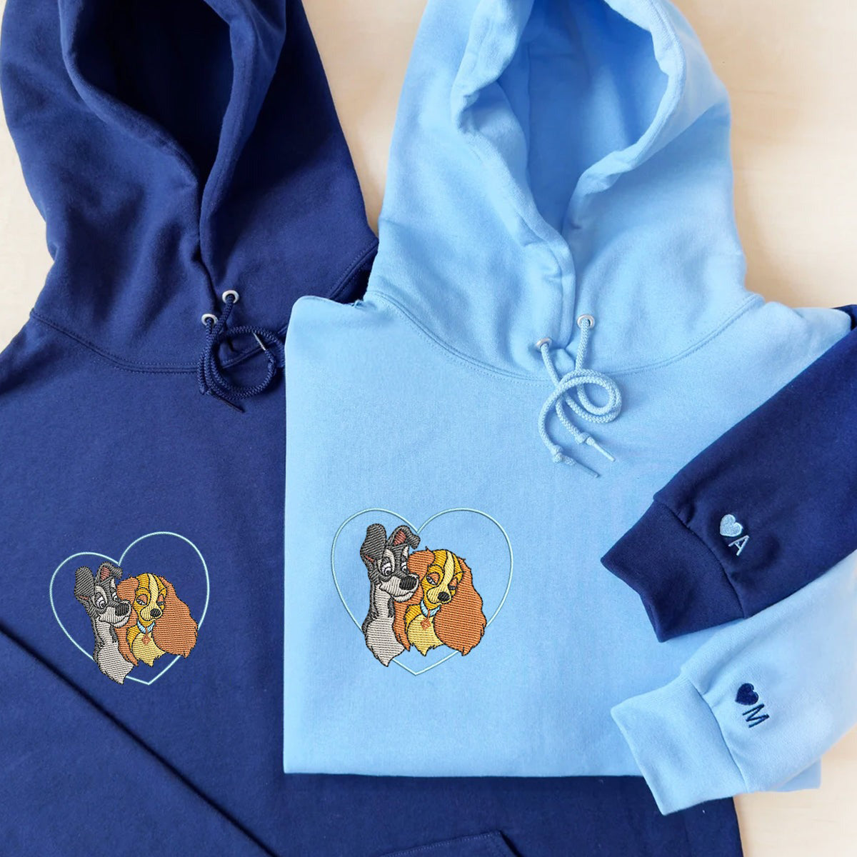 Custom Matching Couple Hoodies, Sweet Cartoon Dog Duo Embroidery, Anniversary Gift Outfit