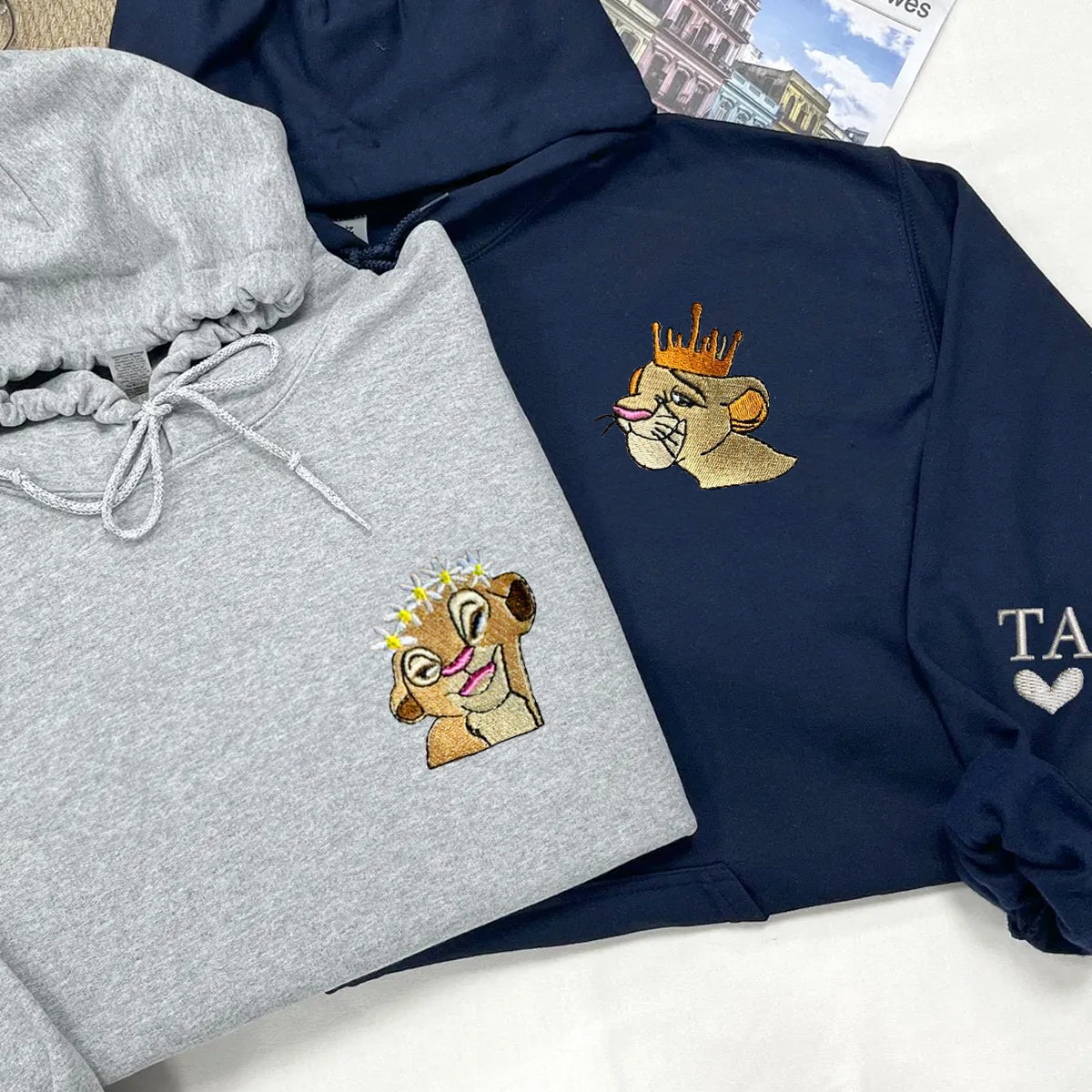 Custom Matching Couple Hoodies with Cute Lion Couple Embroidery