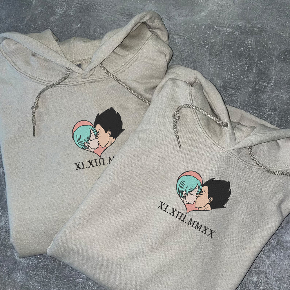 Custom Matching Couple Hoodies with Roman Numeral Date Embroidery, Cute Cartoon Love Design
