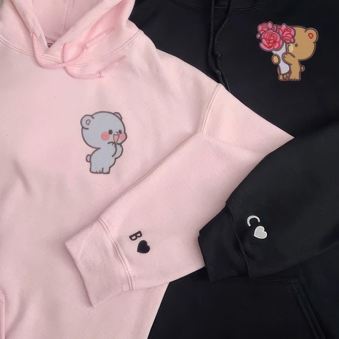 Custom Matching Couple Sweatshirts, Adorable Cartoon Bear Embroidery Sweater For Couples
