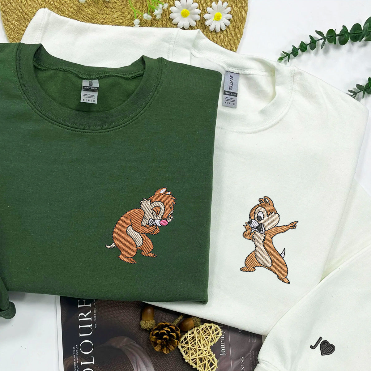 Custom Matching Couple Sweatshirts, Funny Cartoon Squirrels Embroidered Crewneck Sweater