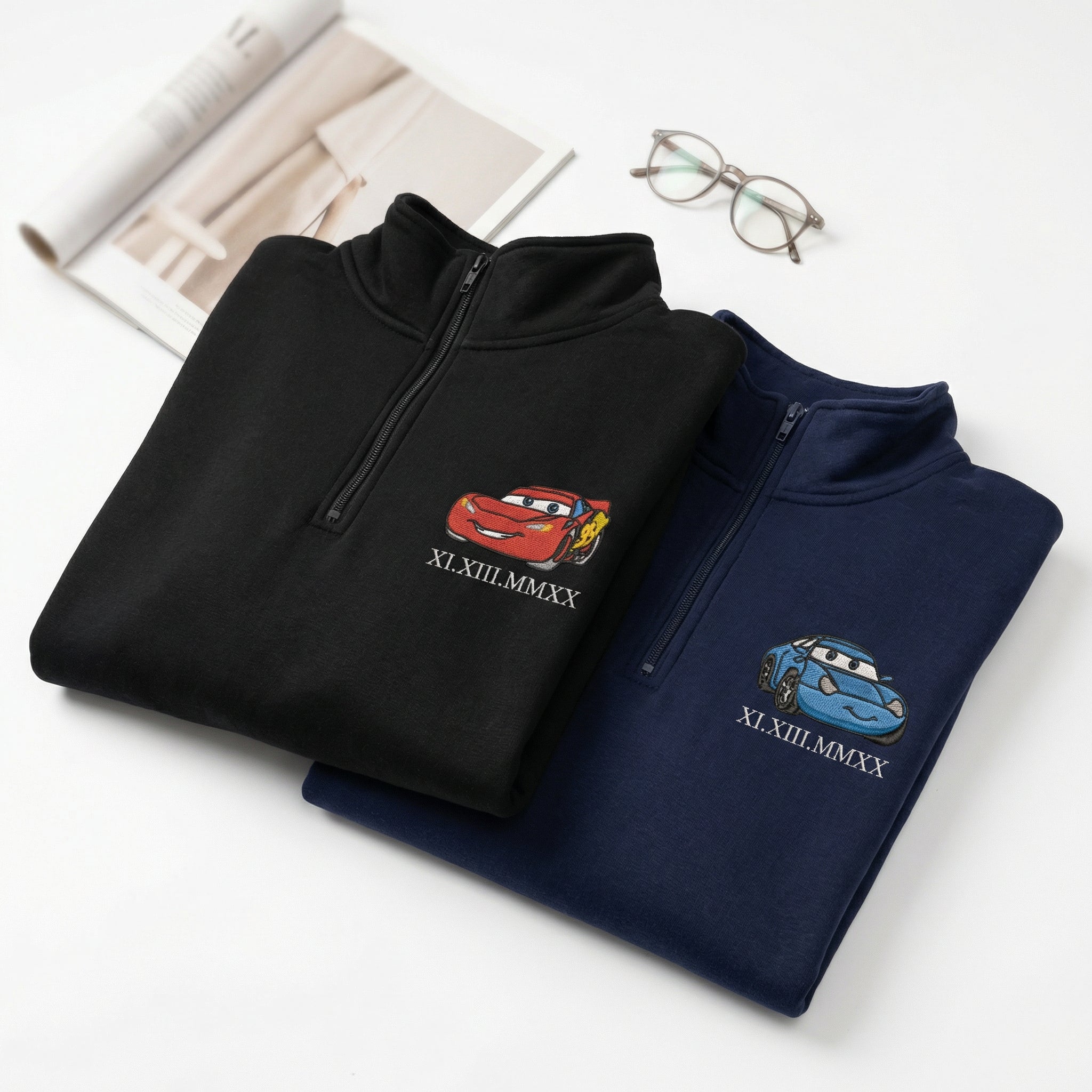 Custom Matching Quarter Zip Sweatshirt for Couples - Embroidered Cars Roman Numeral Hoodie