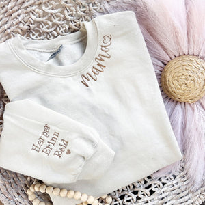 Custom Neckline and Sleeve Embroidered Sweatshirt, Embroidered Mama Sweater with Kids Names Personalized Gift for Mother