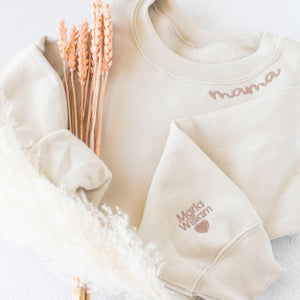 Custom Neckline and Sleeve Embroidered Sweatshirt, Embroidered Mama Sweater with Kids Names Personalized Gift for Mother