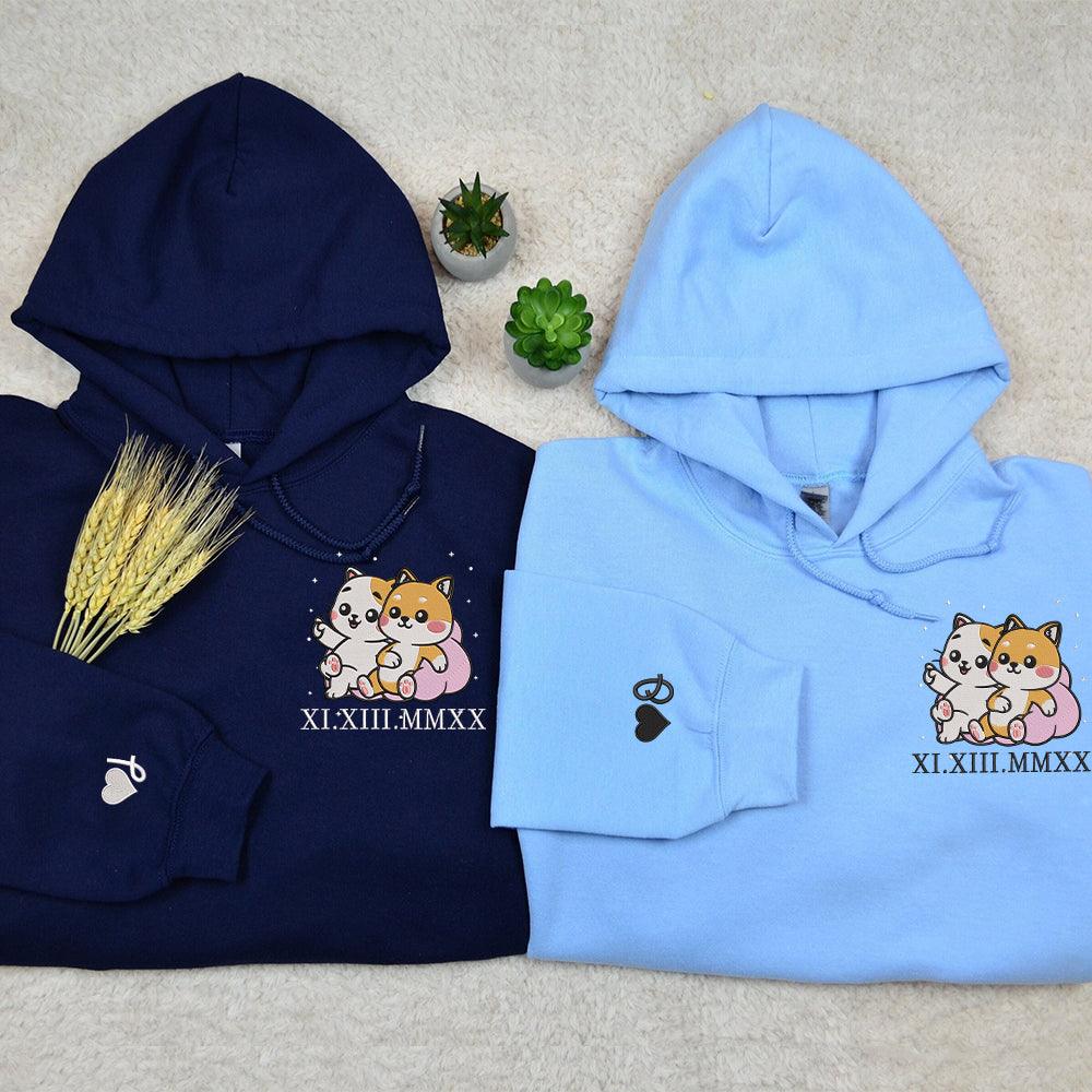Custom Embroidered Hoodie | Romantic Couple Sweatshirts | Adorable Cat &amp; Dog Design