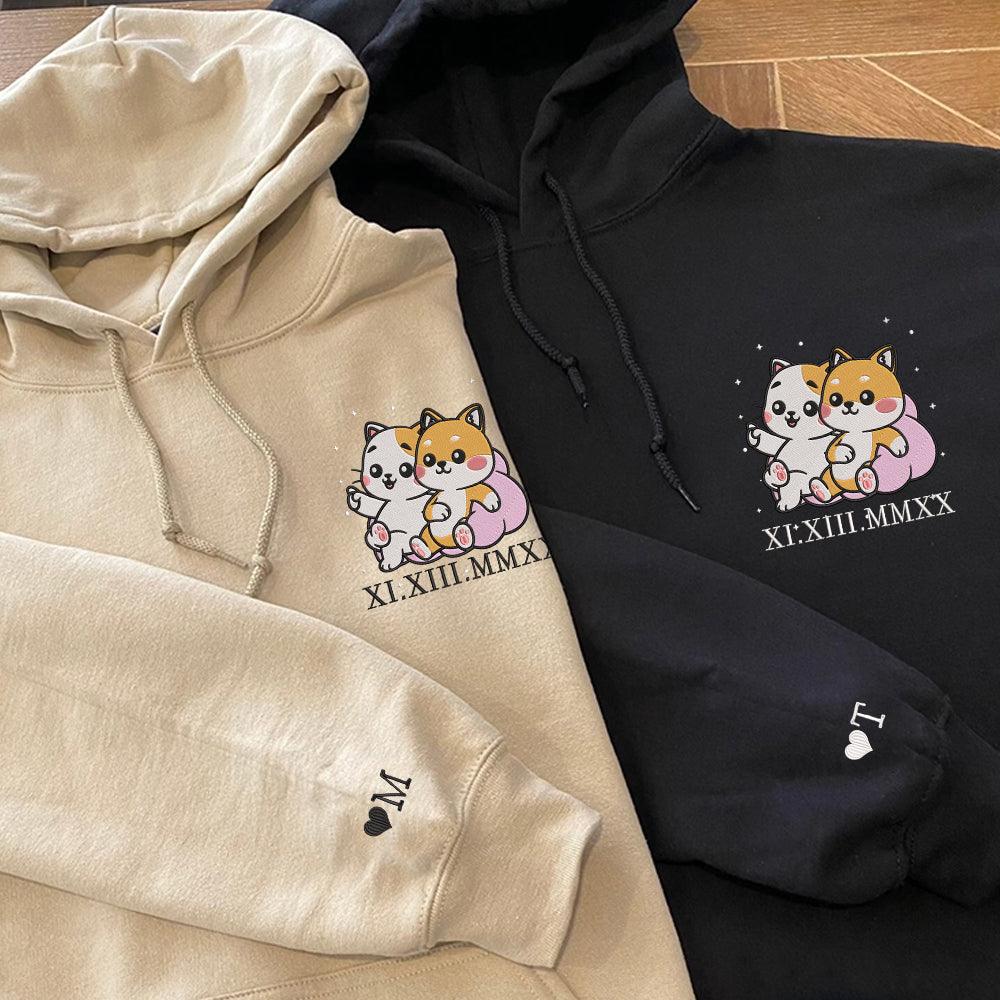 Custom Embroidered Hoodie | Romantic Couple Sweatshirts | Adorable Cat &amp; Dog Design
