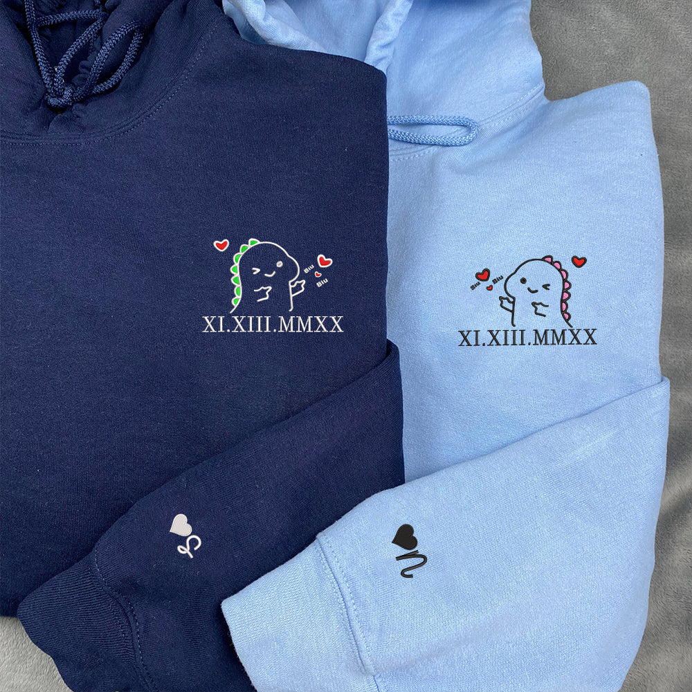 Custom Embroidered Hoodie | Matching Couple Sweatshirts | Cute Dino &amp; Roman Numerals