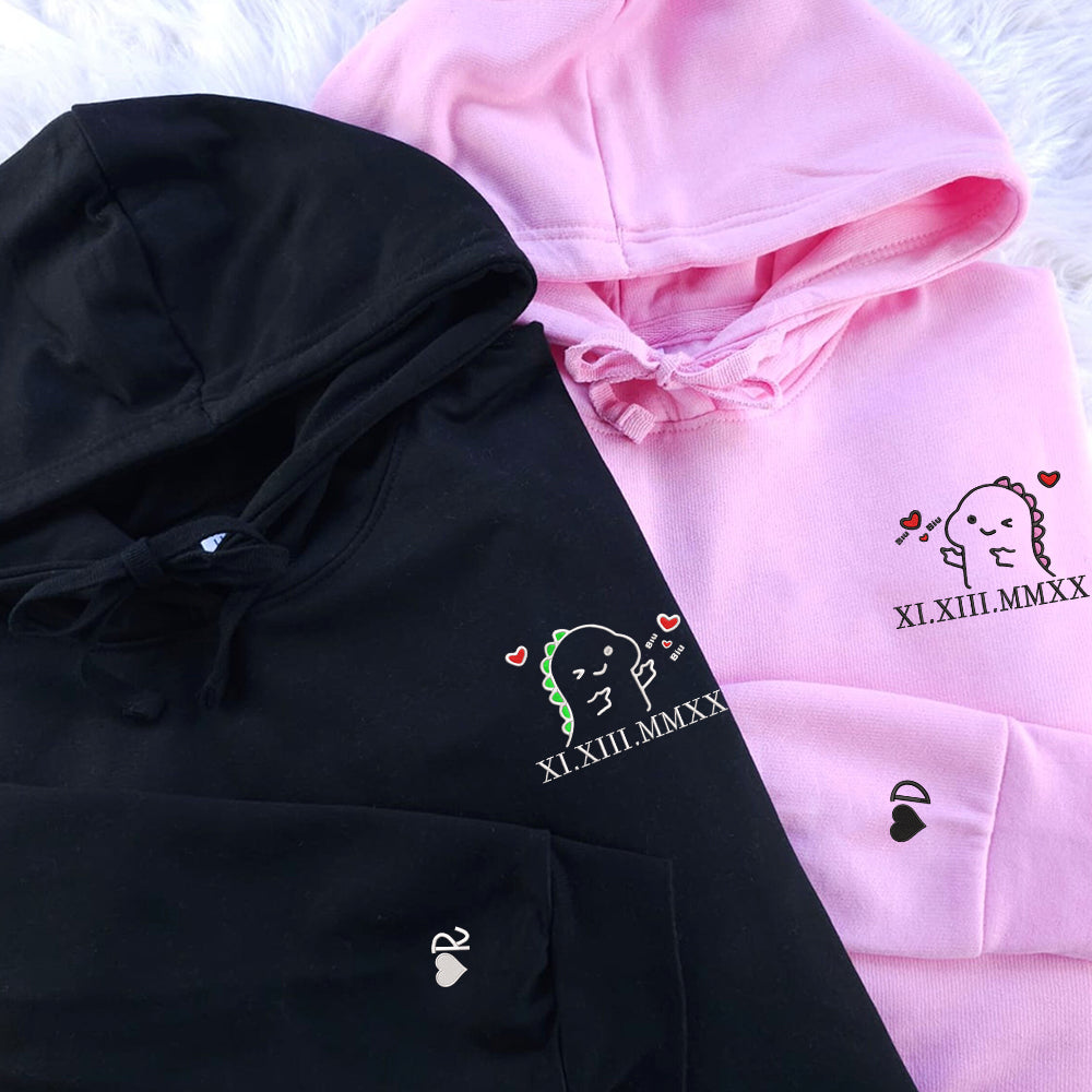 Custom Embroidered Hoodie | Matching Couple Sweatshirts | Cute Dino &amp; Roman Numerals