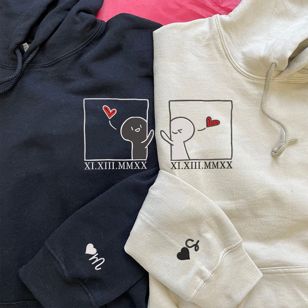 Custom Embroidered Hoodie | Matching Couple Sweatshirts | Cute Cartoon &amp; Roman Numerals