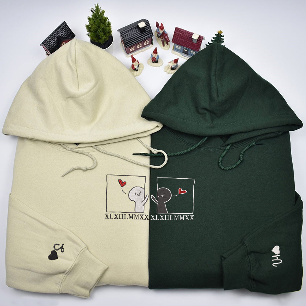 Custom Embroidered Hoodie | Matching Couple Sweatshirts | Cute Cartoon & Roman Numerals