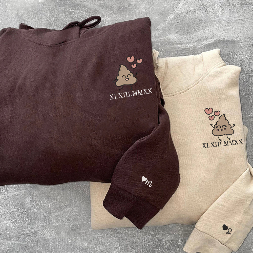 Custom Embroidered Hoodie | Matching Couple Sweatshirts | Funny Poop Cartoon & Roman Numerals