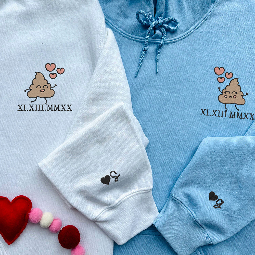 Custom Embroidered Hoodie | Matching Couple Sweatshirts | Funny Poop Cartoon &amp; Roman Numerals