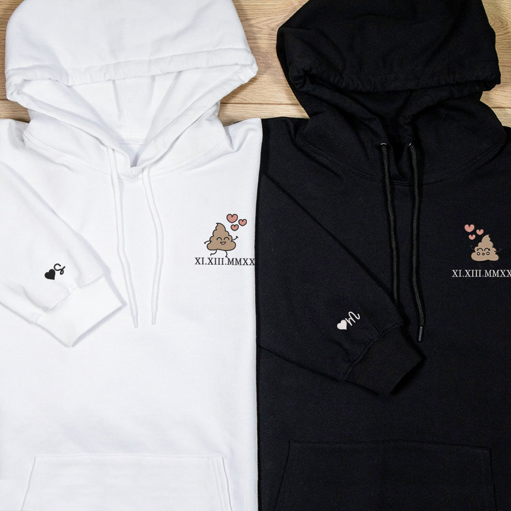 Custom Embroidered Hoodie | Matching Couple Sweatshirts | Funny Poop Cartoon &amp; Roman Numerals