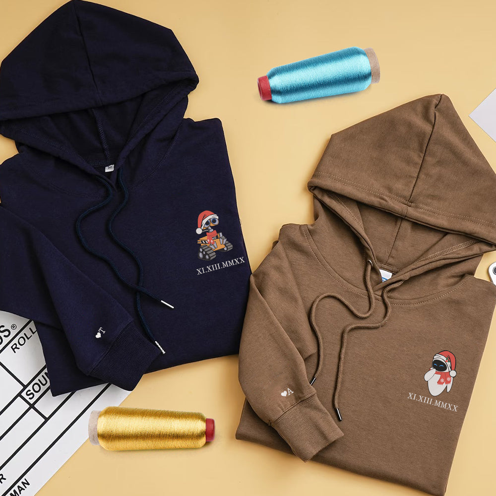 Custom Christmas Couple Hoodies, Cute Cartoon Embroidery with Roman Numeral Date