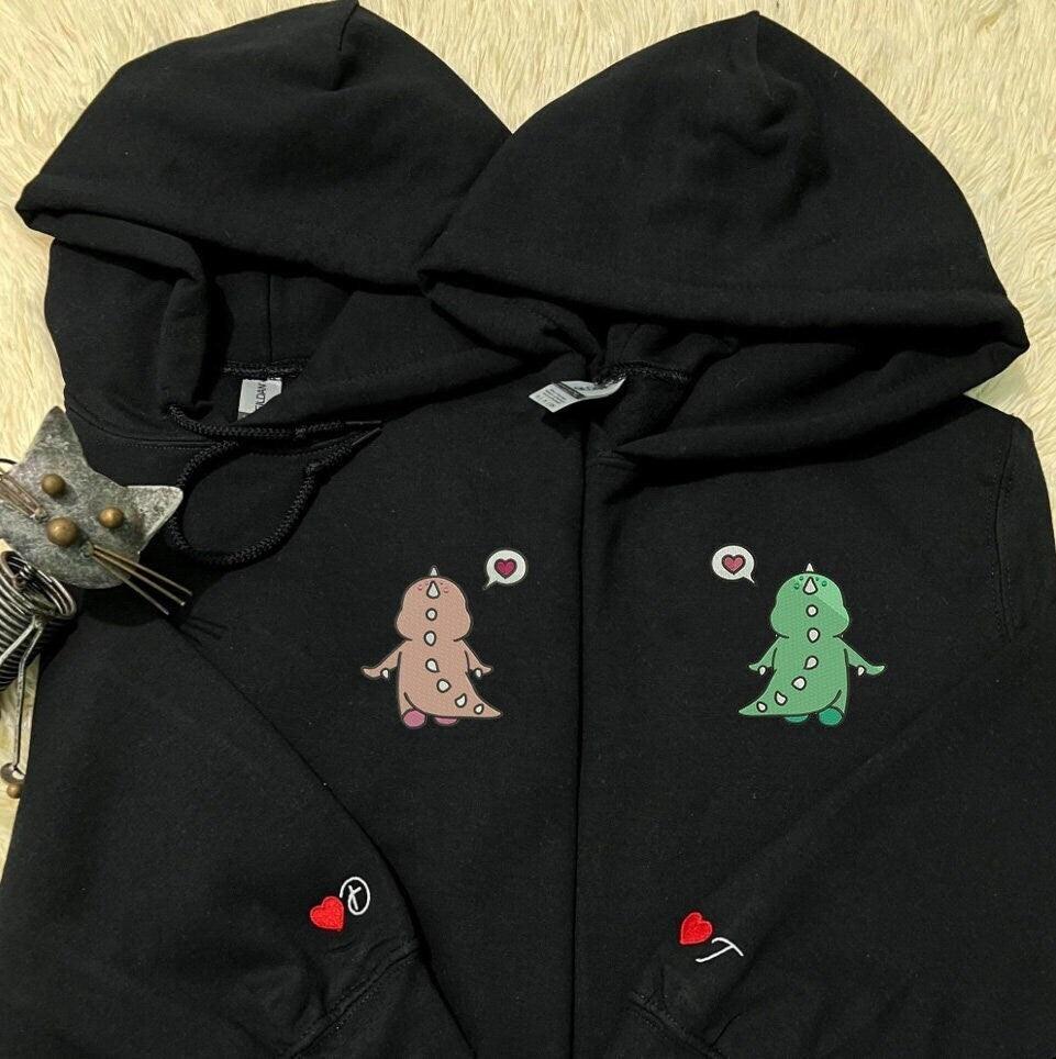 Custom Embroidered Sweatshirts For Couples, Custom Matching Couple Hoodies, Dino Couples Embroidered Matching Couples Sweatshirt
