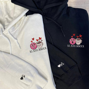 Donut and Coffee Custom Roman Numeral Matching Embroidered Hoodies For Couples