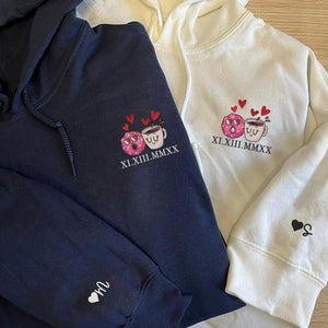 Donut and Coffee Custom Roman Numeral Matching Embroidered Hoodies For Couples