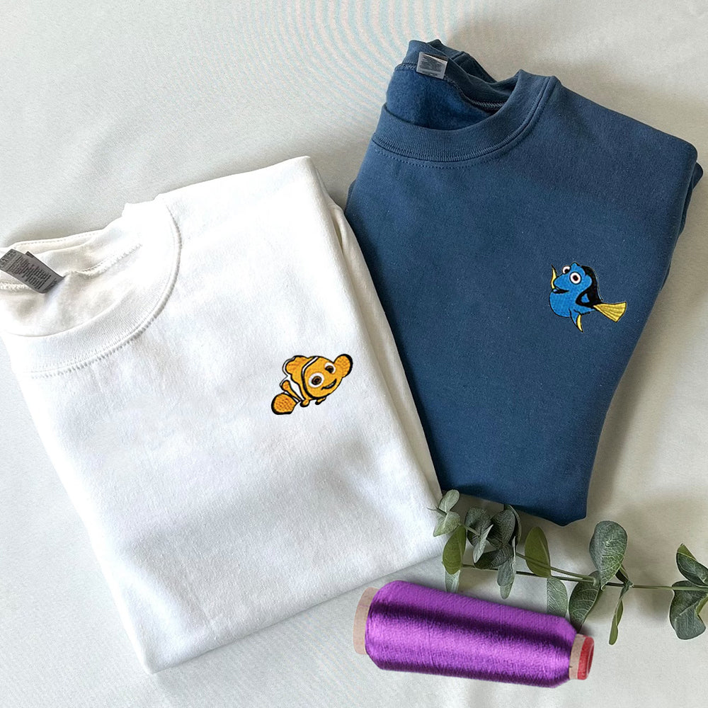 Custom Embroidered Sweatshirts For Couples, Custom Matching Couple Sweatshirt, Cute Cartoon Fish Couples Embroidered Crewneck Sweater