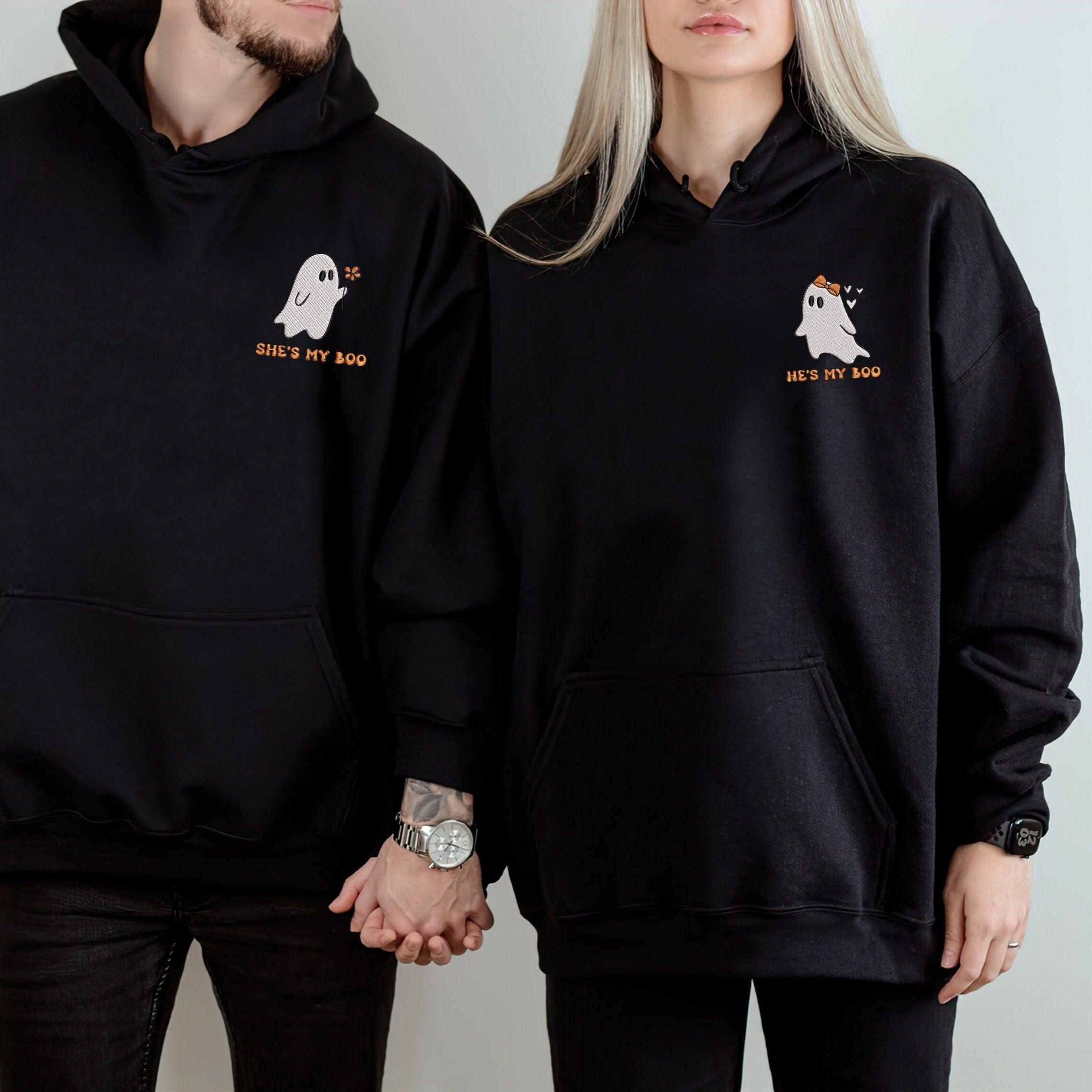 Custom Embroidered Halloween Sweatshirts For Couples, Custom Matching Couple Hoodies, He's My Boo She's My Boo Embroidered Halloween Sweatshirt