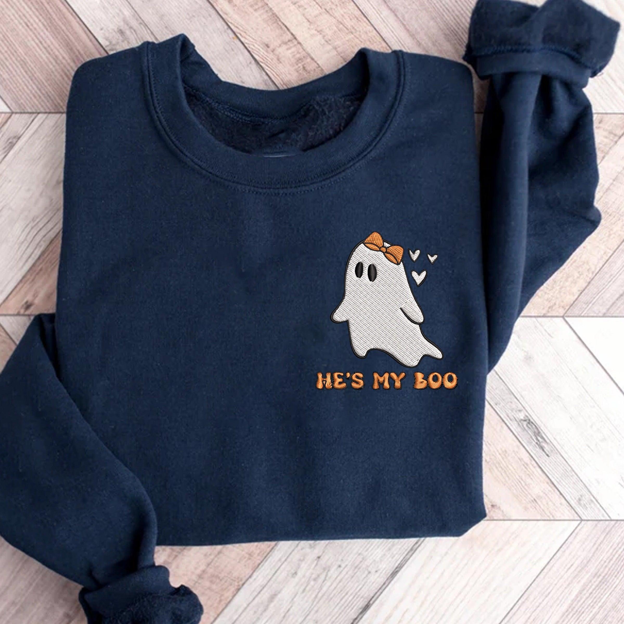 Custom Embroidered Halloween Hoodies For Couples, Custom Matching Couple Hoodies, He's My Boo She's My Boo Embroidered Halloween Hoodie