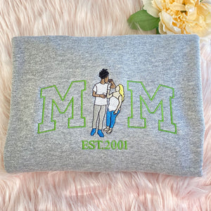 Embroidered Mama Sweatshirt - Custom Embroidered Mother Hoodie, Mom Portrait Crewneck, Family Portrait Shirt, Gift for Mom