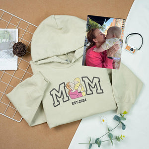 Custom Embroidered Hoodie Mama and Kids Portrait, Varsity Hoodie, Custom Embroidery Sweater For Mom