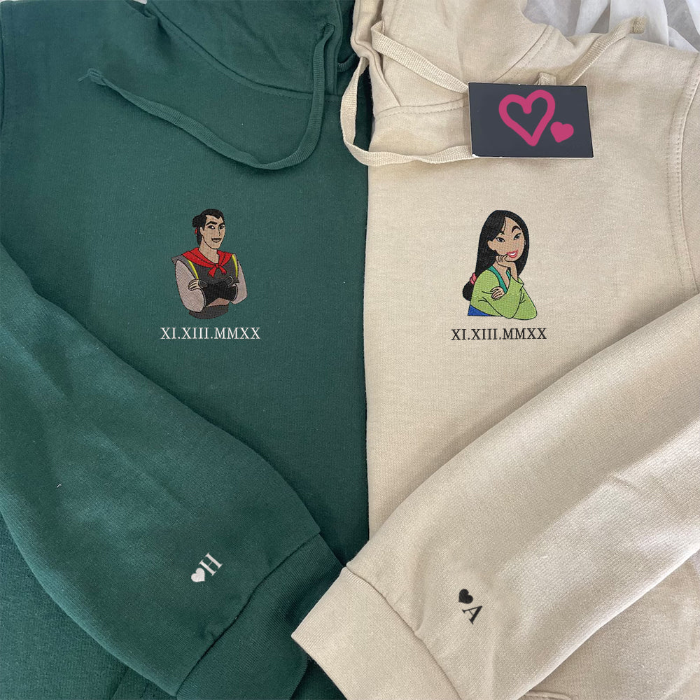 Custom Embroidered Roman Numeral Hoodies For Couples, Roman Numeral Date Hoodie, Cute Cartoon Couples Embroidered Hoodie V1