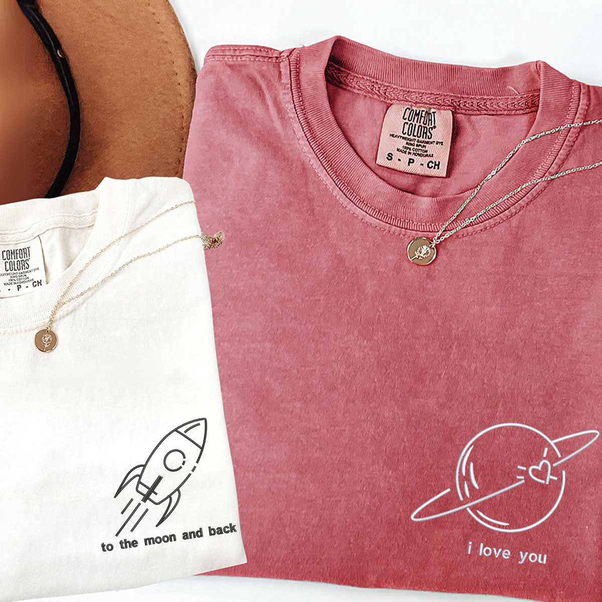 Custom Embroidered I Love You To The Moon And Back Matching T-shirts for Couples