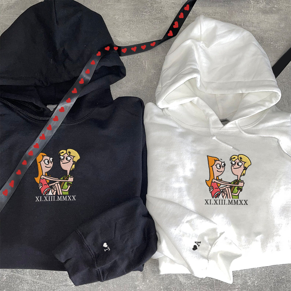 Custom Embroidered Roman Numeral Hoodies For Couples, Roman Numeral Date Hoodie, Cute Cartoon Couples Embroidered Hoodie V2