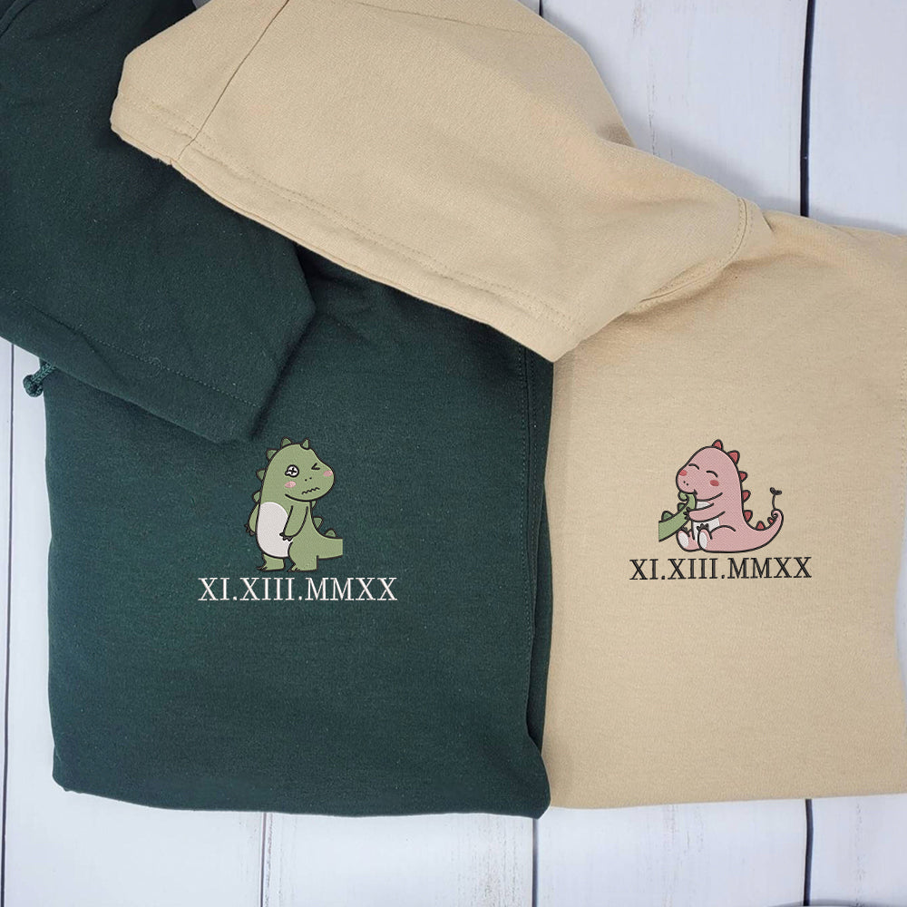 Custom Embroidered Hoodie | Matching Couple Sweatshirts | Cute Dinosaur & Roman Numerals