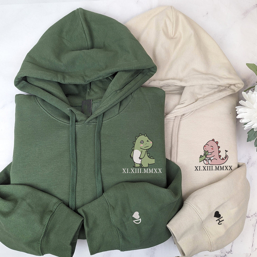 Custom Embroidered Hoodie | Matching Couple Sweatshirts | Cute Dinosaur & Roman Numerals
