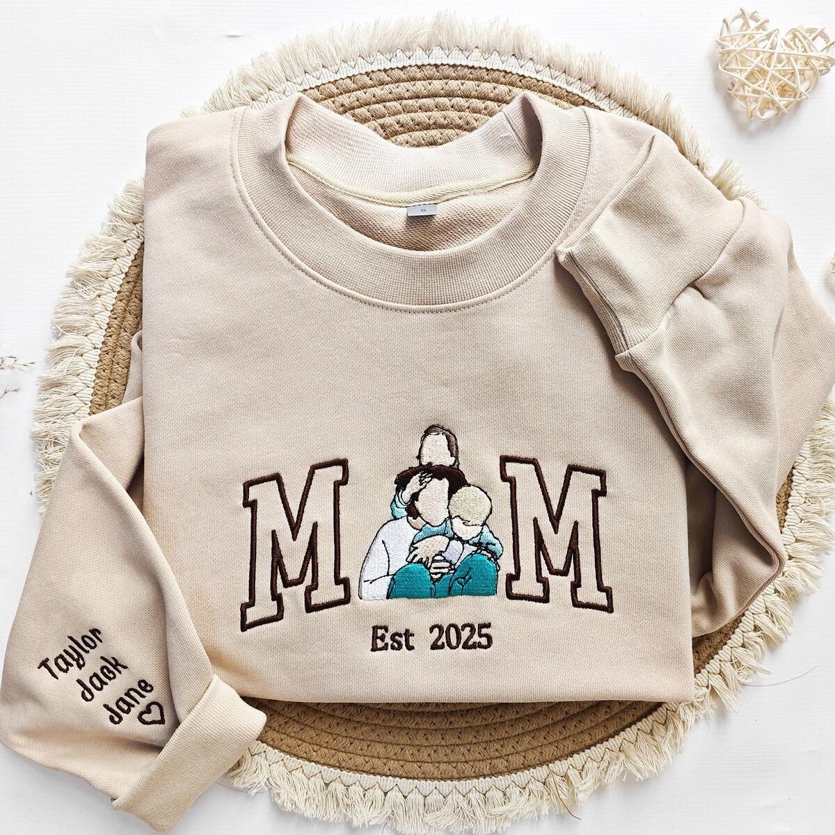 Personalized Mom Sweatshirt with Custom Embroidered Family Portrait | Varsity Letter Hoodie | Mother’s Day Gift with Kids' Names