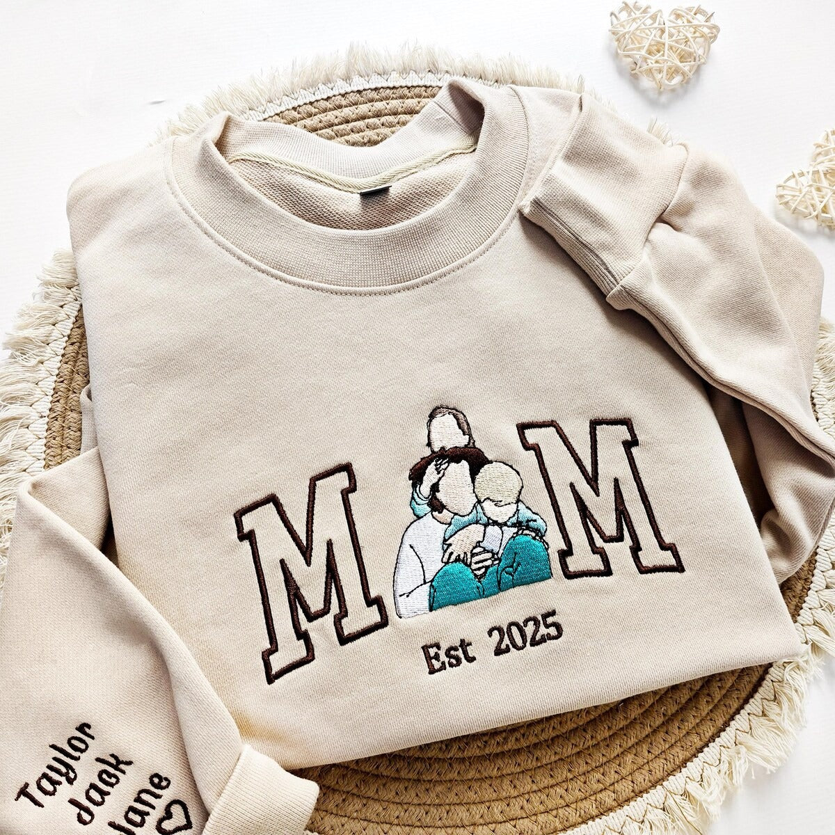 Personalized Mom Sweatshirt with Custom Embroidered Family Portrait | Varsity Letter Hoodie | Mother’s Day Gift with Kids&#39; Names