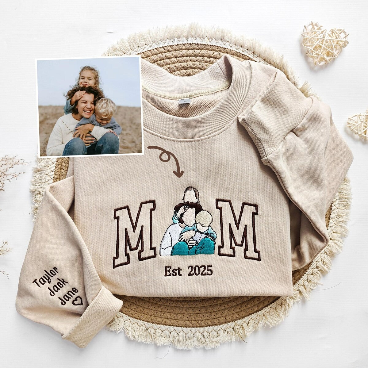 Personalized Mom Sweatshirt with Custom Embroidered Family Portrait | Varsity Letter Hoodie | Mother’s Day Gift with Kids&#39; Names
