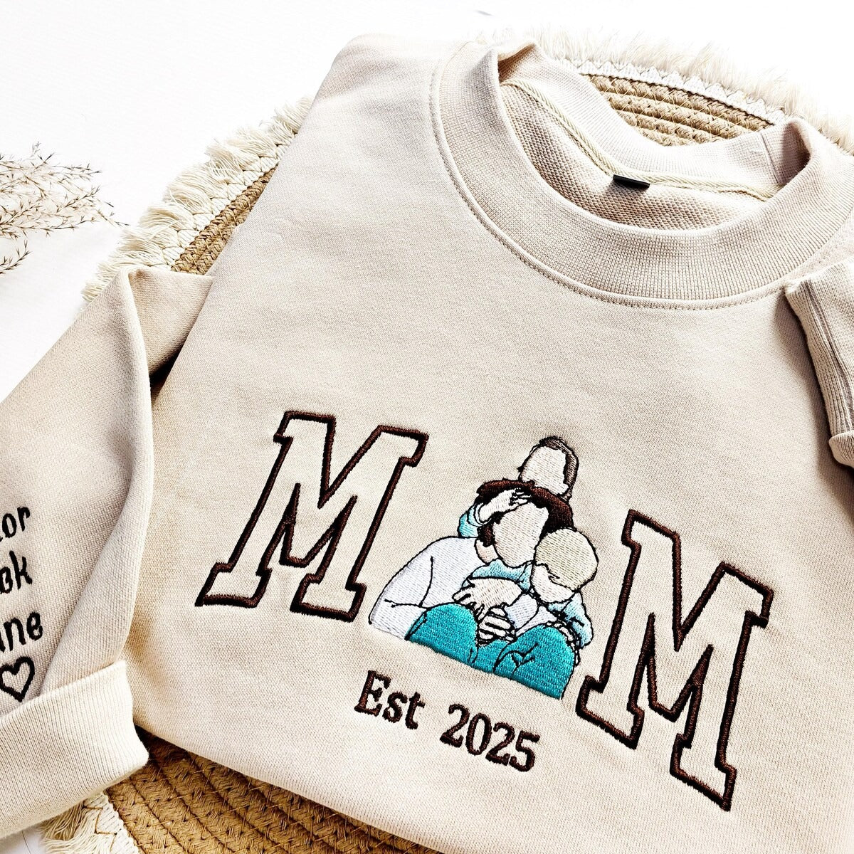 Personalized Mom Sweatshirt with Custom Embroidered Family Portrait | Varsity Letter Hoodie | Mother’s Day Gift with Kids&#39; Names