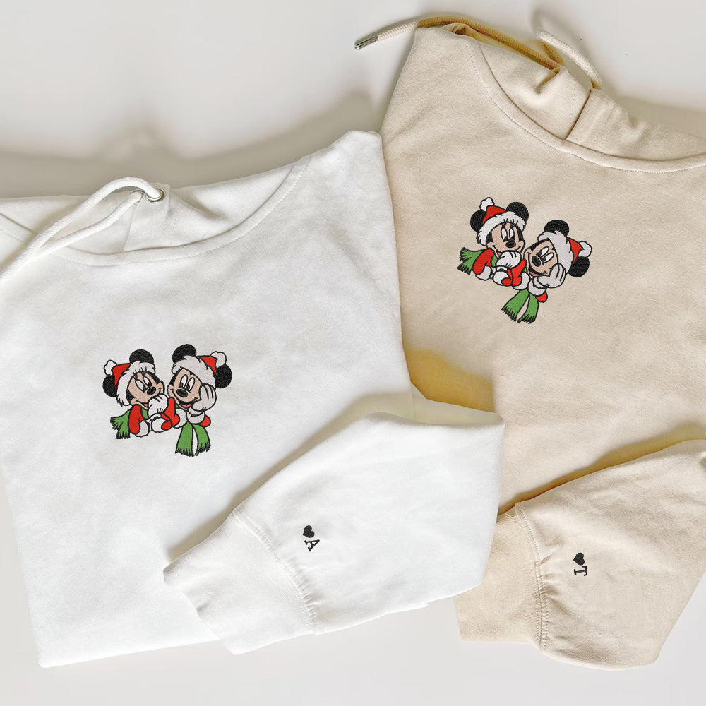 Custom Embroidered Hoodies For Couples, Personalized Couple Hoodies, His Her Hoodies, Cute Christmas Cartoon Mouse Couples Embroidered Hoodie