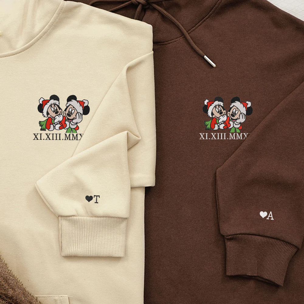 Custom Embroidered Roman Numeral Date Hoodies For Couples, Cute Cartoon Mouse Christmas Couples Embroidered Hoodie