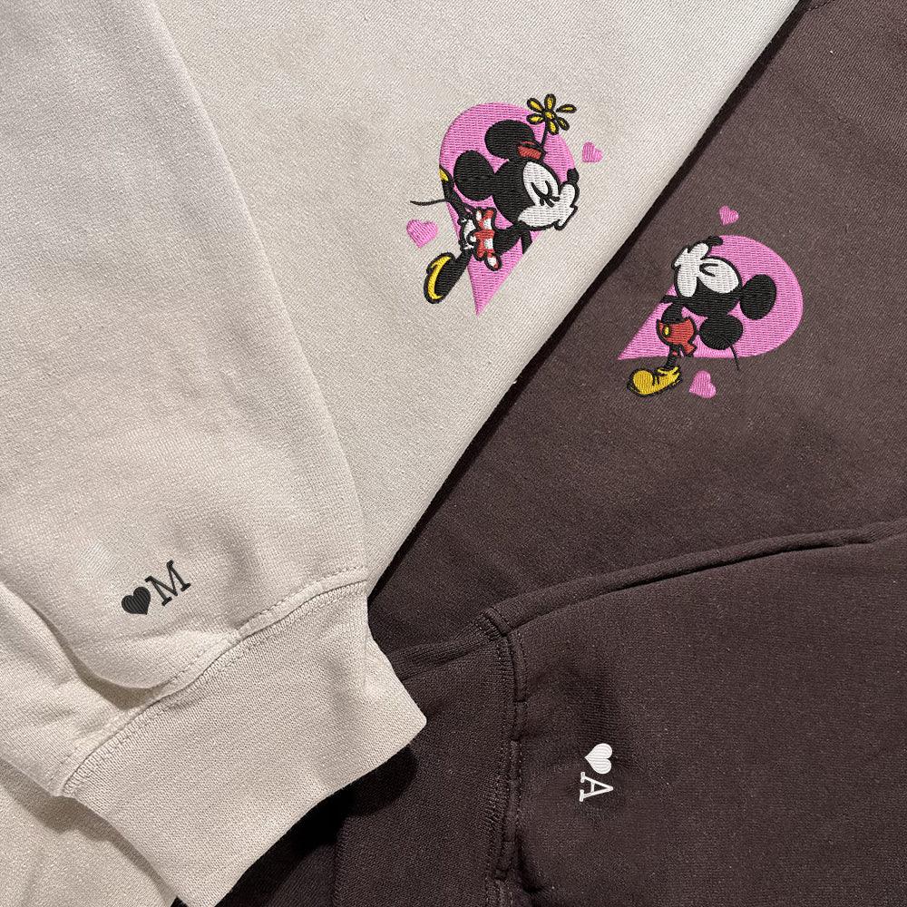 Custom Embroidered Sweatshirts For Couples, Custom Matching Couple Sweatshirt, Mouse Heart Cartoon Couples Embroidered Crewneck Sweater