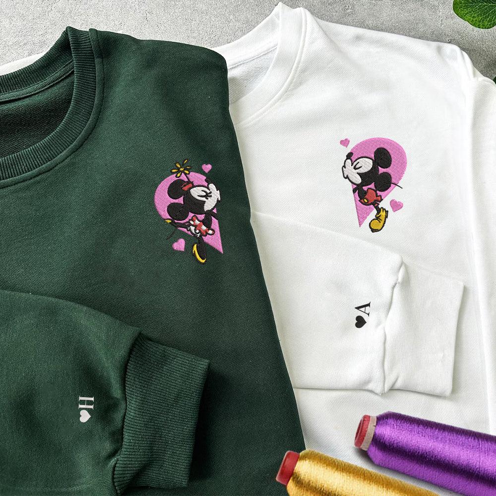 Custom Embroidered Sweatshirts For Couples, Custom Matching Couple Sweatshirt, Mouse Heart Cartoon Couples Embroidered Crewneck Sweater