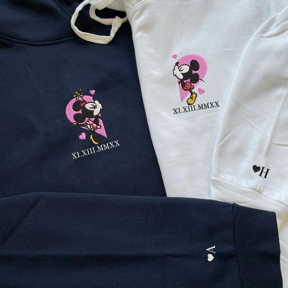 Custom Embroidered Roman Numeral Hoodies For Couples, Roman Numeral Date Hoodie, Mouse Heart Cartoon Couples Embroidered Hoodie