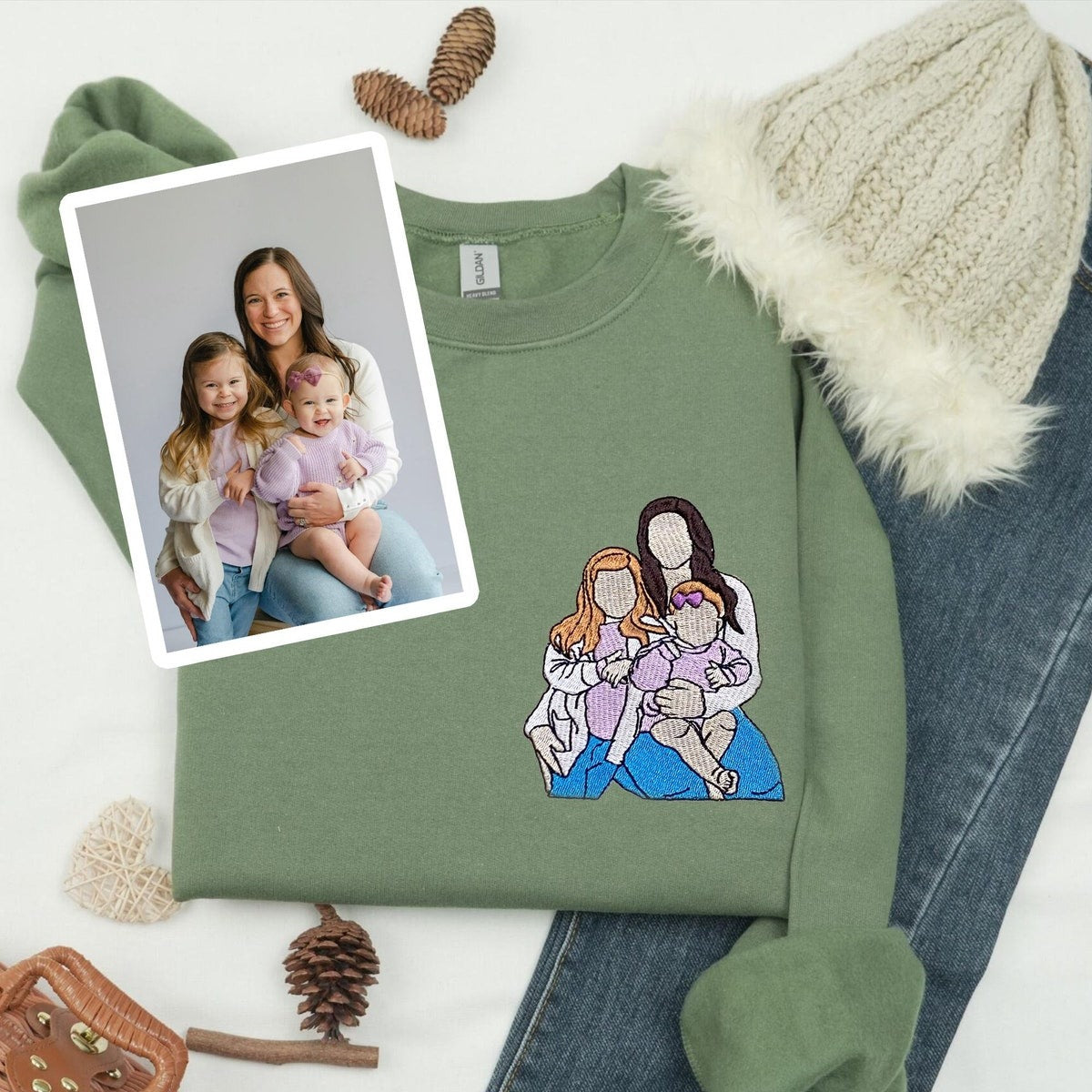 Mom and Daughters Embroidered Portrait From Photo Sweatshirt, Christmas Gift For Mama From Daughter
