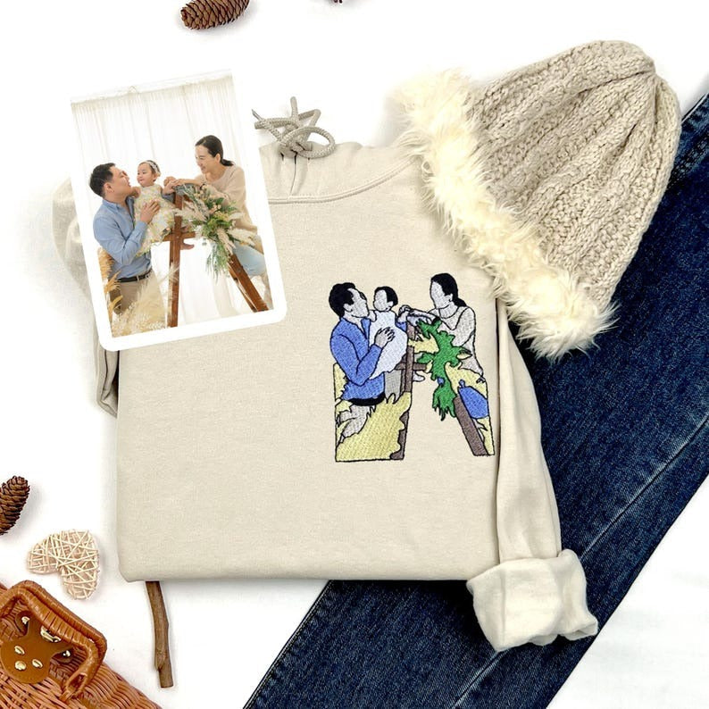 Mom and Daughters Embroidered Portrait From Photo Sweatshirt, Christmas Gift For Mama From Daughter