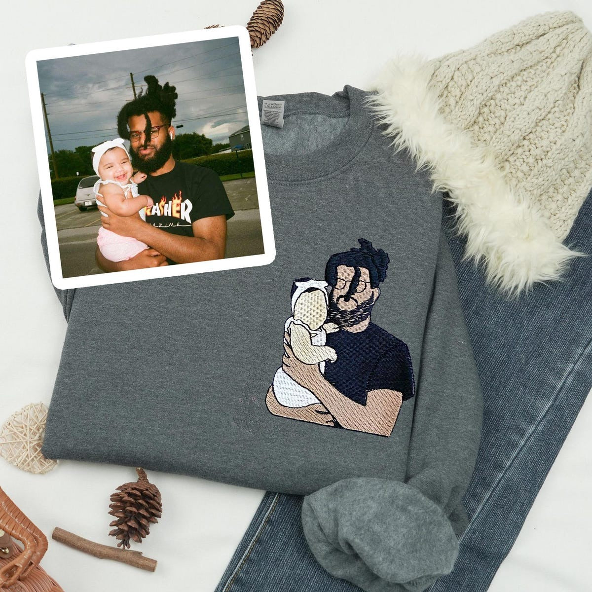 Mom and Daughters Embroidered Portrait From Photo Sweatshirt, Christmas Gift For Mama From Daughter