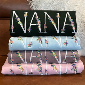 Nana Embroidered Floral Sweatshirt, Floral Embroidered Letter Hoodie, Birthday Gift, Personalized Gift